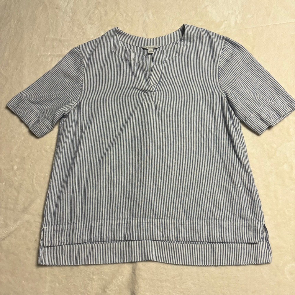L.L.Bean Signature Short Sleeve Linen Blend Blue Striped Blouse Top Womens Large
